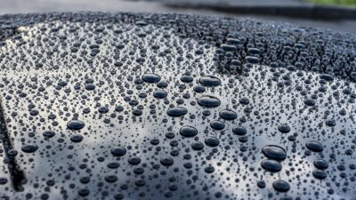 Kit completo de produtos de limpeza automotiva sobre o capo de um carro