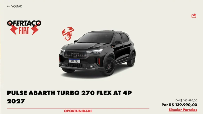 Ofertas Fiat: Pulse Abarth Turbo 270 2027 é vendido por R$ 139.990