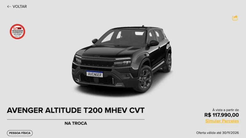 Jeep Avenger Altitude tem preço promocional de R$ 117.990 em outubro
