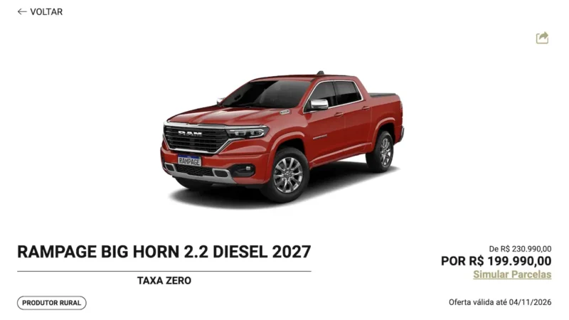 Ram Rampage Bighorn Diesel 2027 tem desconto de R$ 31 mil em oferta para CNPJ e produtor rural