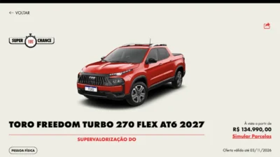 Ofertas Fiat: Toro Freedom 2027 sai por R$ 134.990 em ação com estoque limitado